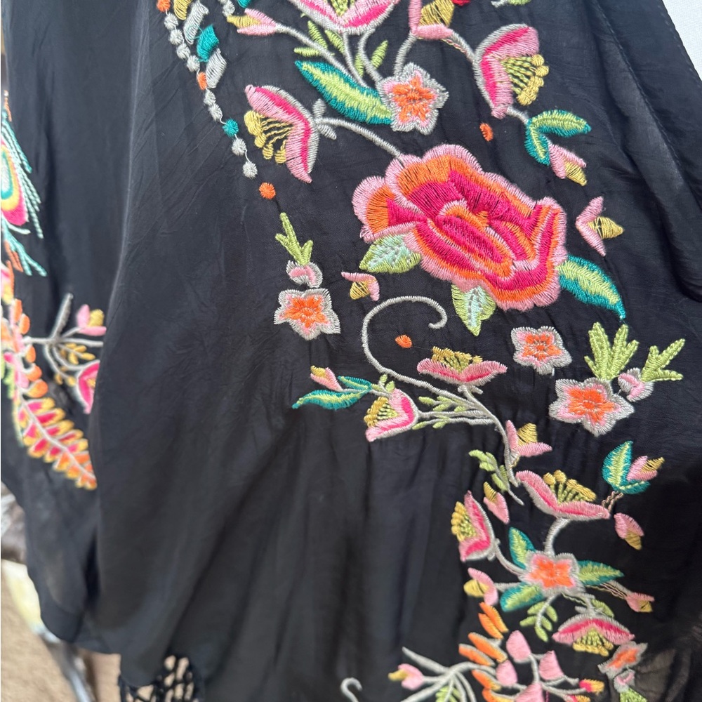 Johnny Was Embroidered Black Kimono with Fringe size L - Picture 4 of 6